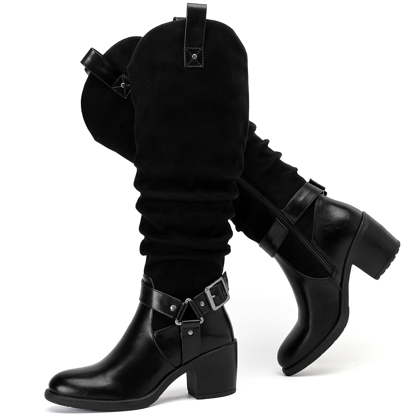 Women's Slouchy Knee High Boots with Chunky Heel, Pointed Toe, Comfortable and Fashionable Fall Winter Boots for Women.